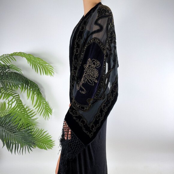 Vintage Black & Gold Silk Floral Velvet Whimsygoth Fairy Grunge Shawl Scarf - Picture 4 of 8